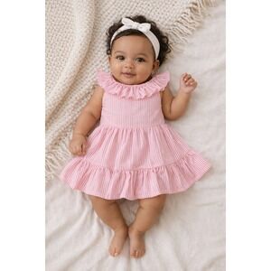 NWT Ralph Lauren Seersucker Dress Set Baby Girl 24M Pink Stripe Ruffle Tiered